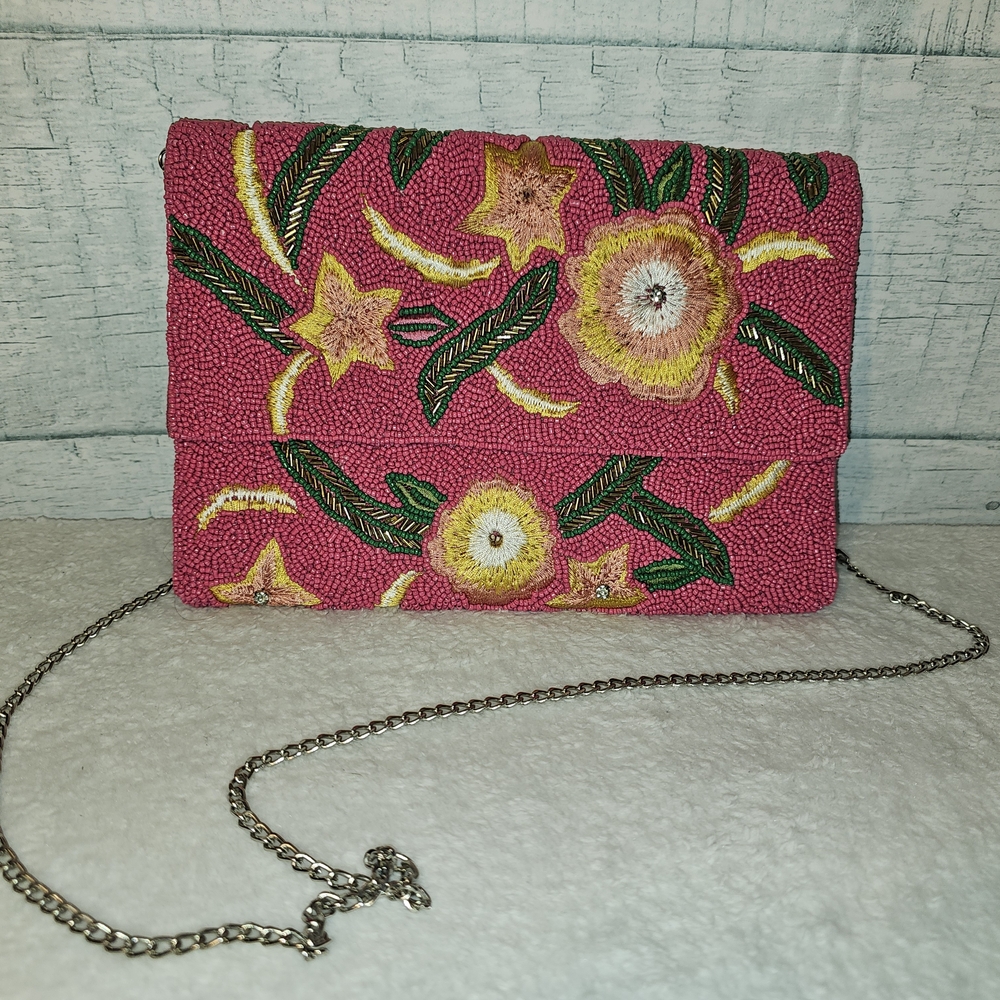 Lulus Tropi-Call You Later Pink Floral Beaded Clutch Bag Purse